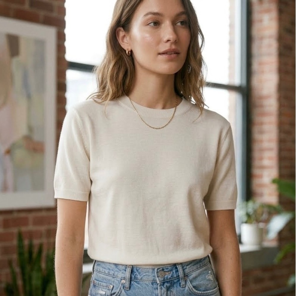 Aritzia 100% Merino Wool Short Sleeve Sweater Cream Crewneck - Size Medium